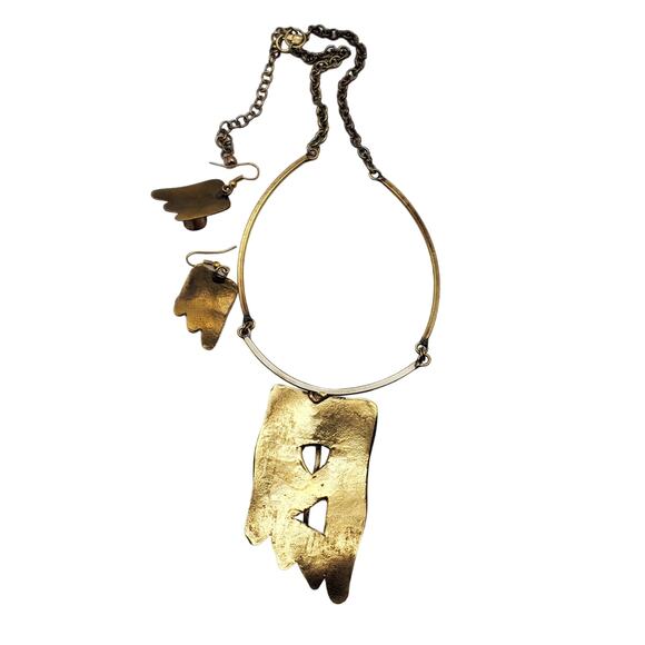 Modernist Artisan Confetti Pendant Necklace Earrings Set Mixed Metals Abstract - Picture 12 of 14